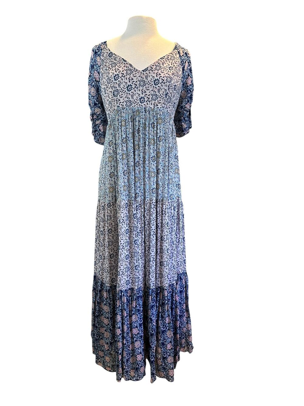 NEW Anthropologie Yumi Kim Floral Short Sleeve Tiered V Neck Maxi Boho Dress Med
